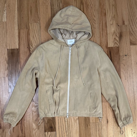 Vince Zip-Front Suede Hoodie in Tan - Picture 1 of 15